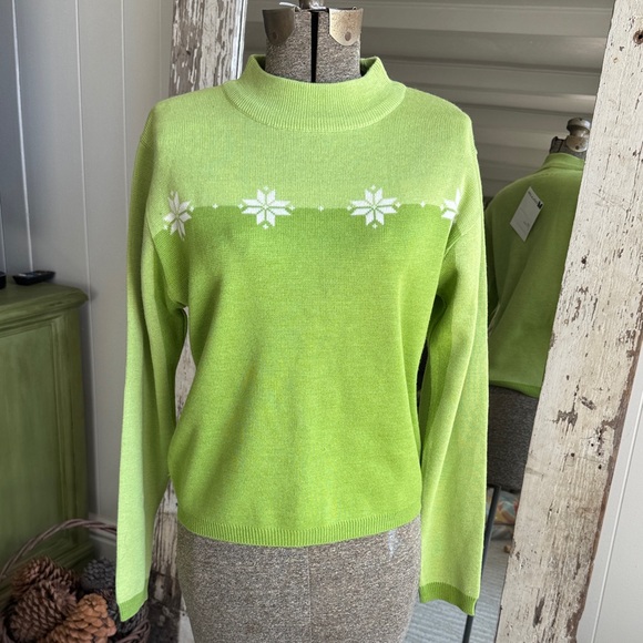 Lime Green Women's Turtleneck Sweater with White Floral Accents - Picture 1 of 7